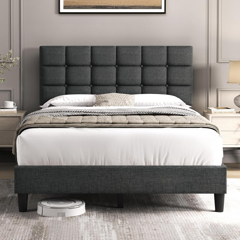 Upholstered Full Bed Frame Tufted Headboard Adjustable Wood Slats Dark Gray0