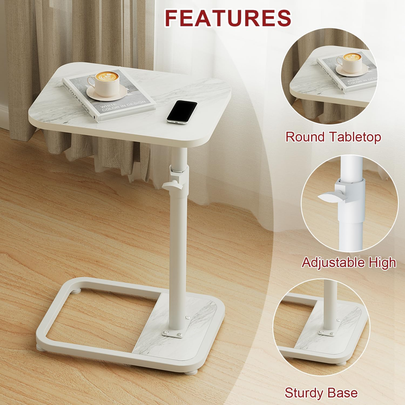C-Shaped Adjustable TV Tray Side Table White Marble Wood3