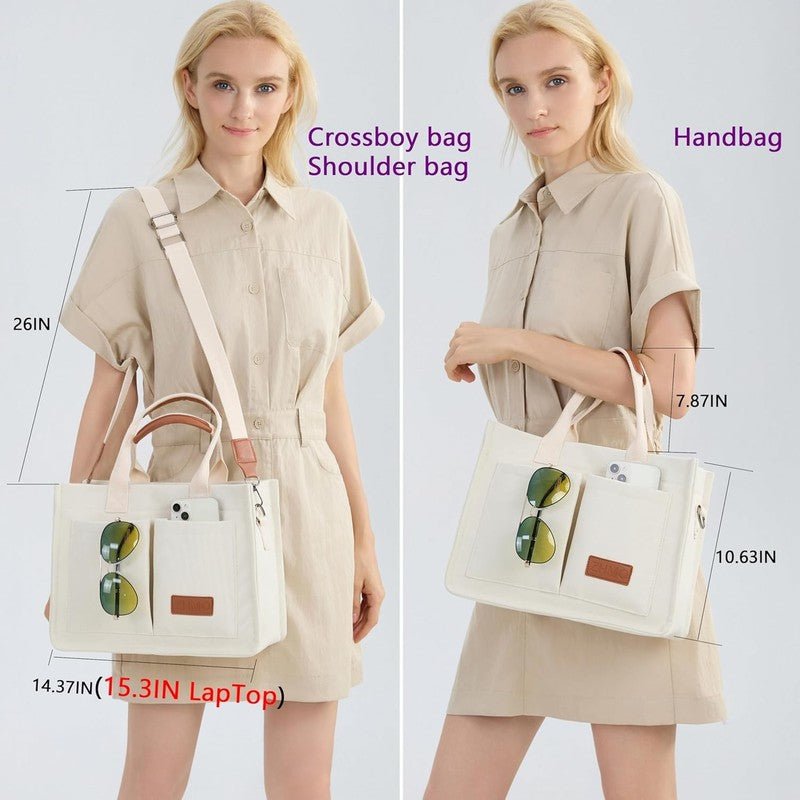 Women’s Canvas Tote Bag Large Shoulder Handbag w/ Compartments Work Laptop Bag2