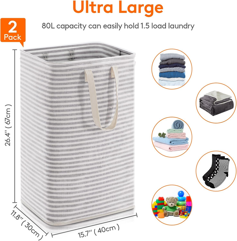 2 Pack 80L Laundry Basket Collapsible Waterproof Reinforced Handles Grey3