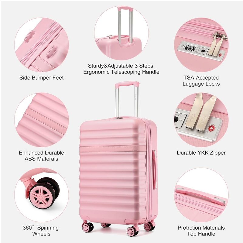 28 Inch Expandable Hardside Luggage ABS PC TSA Lock Suitcase Cream Pink3