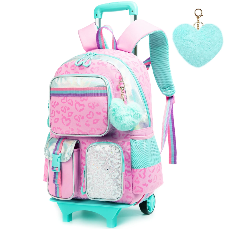Kids Cute Rolling Backpack for Girls Trolley Pink School Bags Girls Backpacks wi10