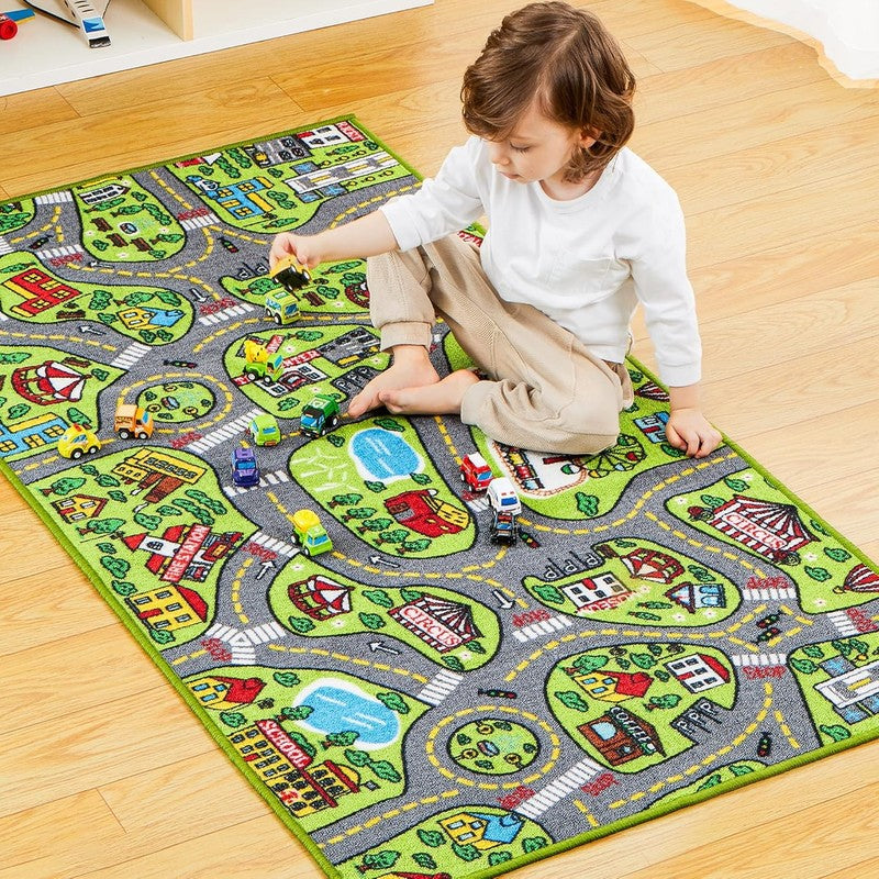 Kids Play Rugs - 12 Pull-Back Vehicle Set - Durable Carpet Playmat Rug - City Pr6