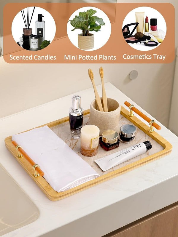 16" X 12" Bamboo Serving Tray with Handles – Marble Pattern Decorative Rectangle6