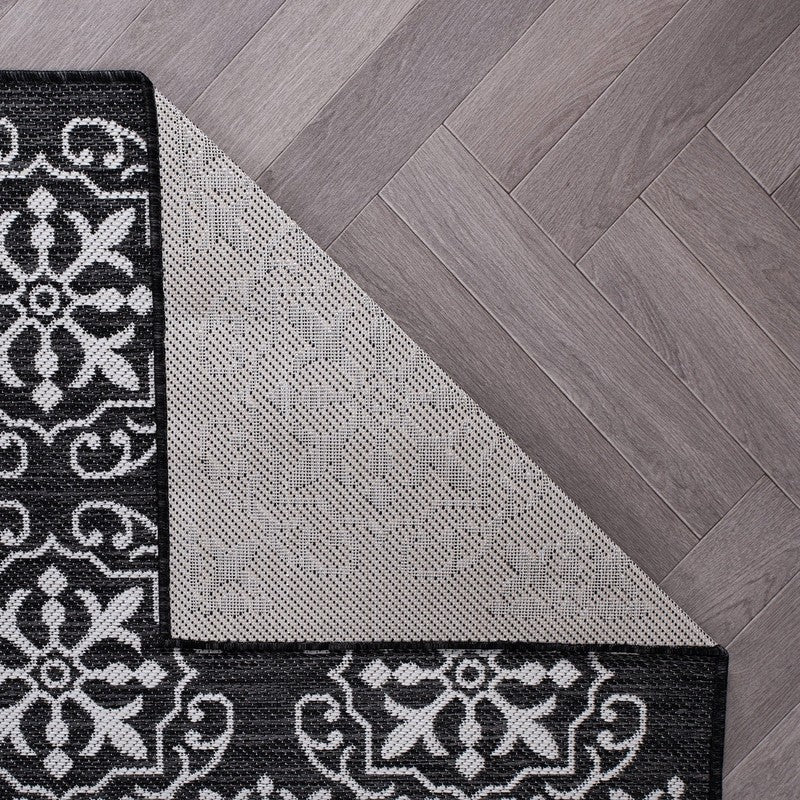 Transitional Geometric Textured Flat Weave Indoor/Outdoor Area Rug - BLACK 2'X7'3