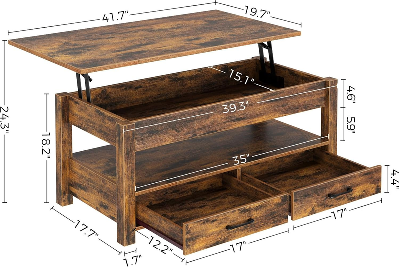 Lift-Top Coffee Table with Drawers Hidden Compartment Rustic Brown2
