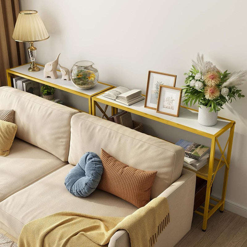 Gold Console Table 3 Tier Entryway Hallway Narrow Sofa Table White Shelves3