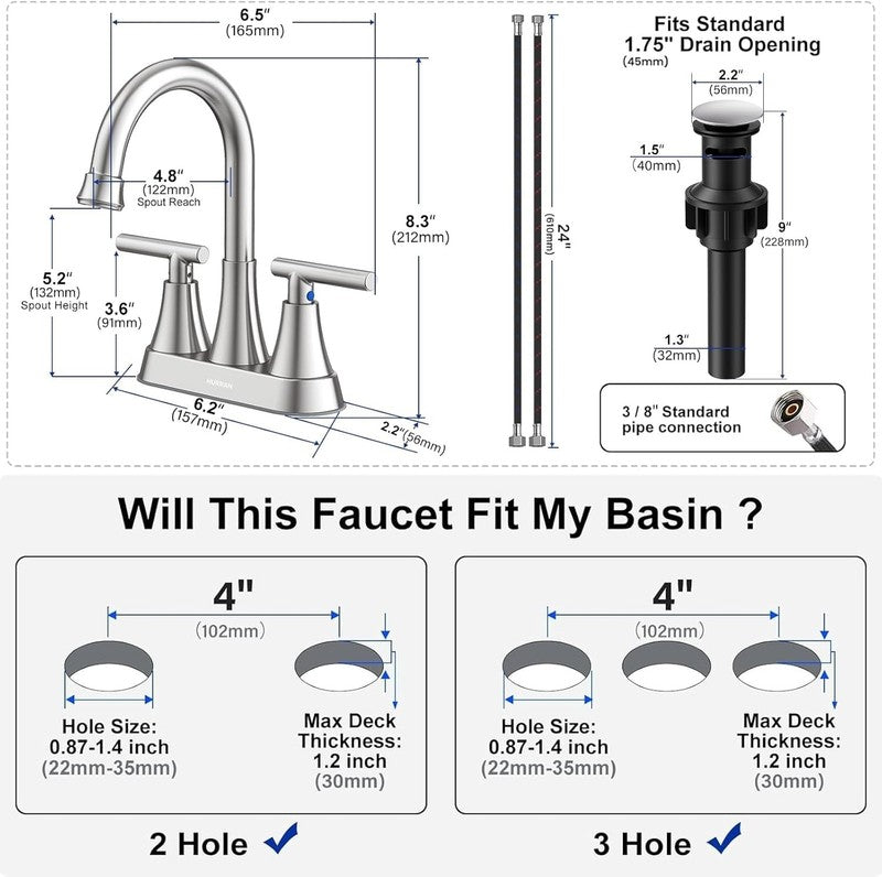 2 Pack Brushed Nickel Bathroom Sink Faucet 4" Centerset w/ Drain Hoses4