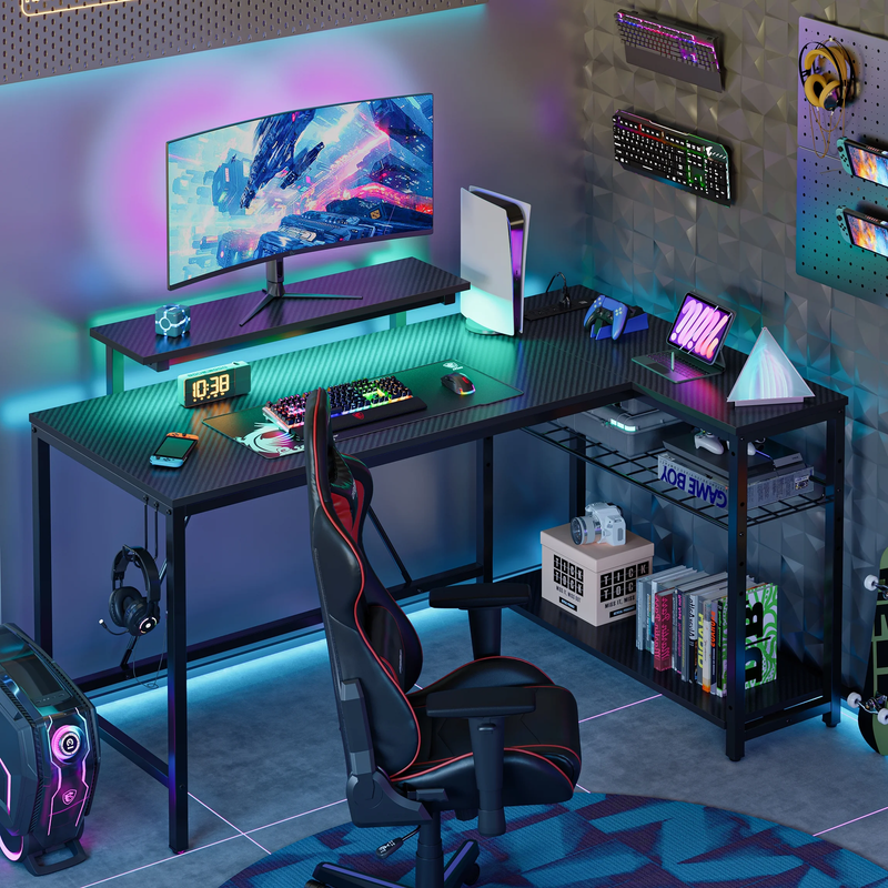 52" L-Shaped Gaming Desk LED with Power Outlet & Monitor Stand Carbon Fiber9