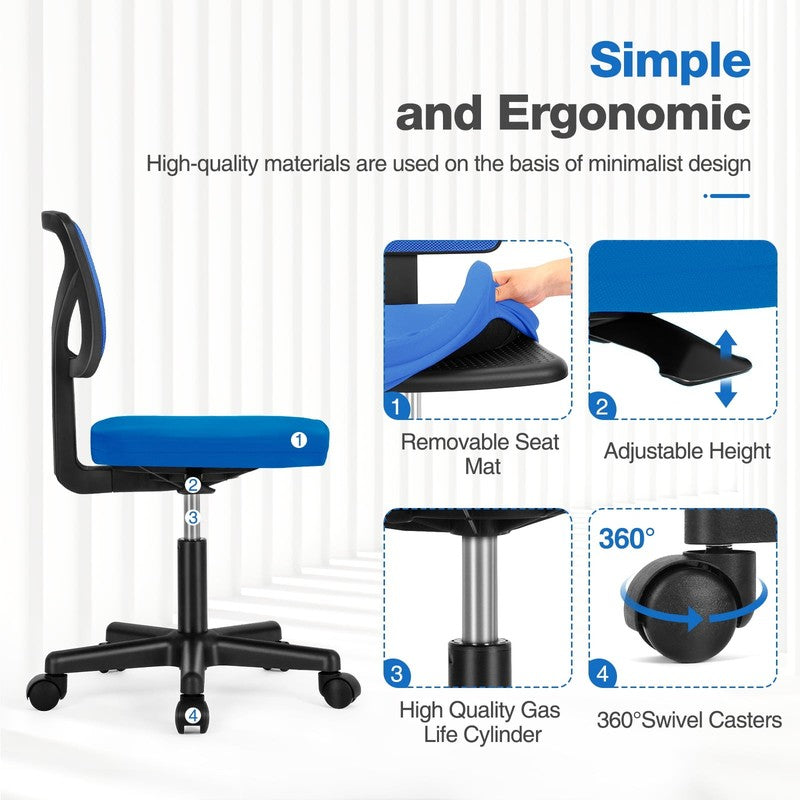 Home Office Desk Chair Armless Mesh Swivel Adjustable Low Back Blue4