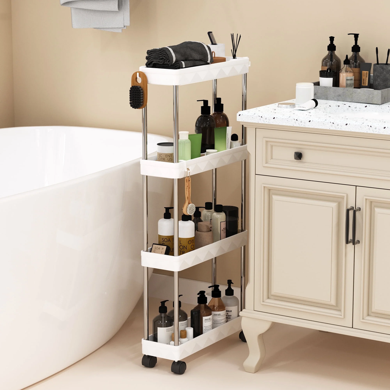 4 Tier Slim Rolling Storage Cart White, Bathroom Kitchen Laundry Organizer0