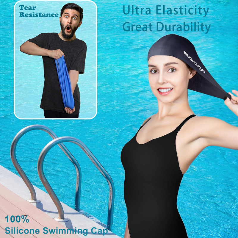 Adult Swim Caps 2 Pack Silicone Long Hair Waterproof Tear Resistant3