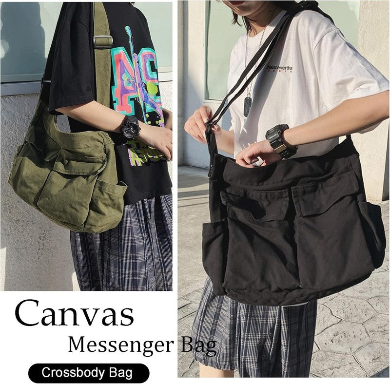 Canvas Messenger Bag Large Hobo Bag Crossbody Shoulder Bag Tote Bag with Pocket 1
