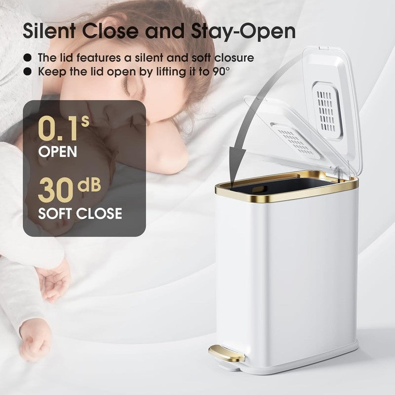 5L Bathroom Trash Can with Lid, Slim Step Waste Bin, Soft Close, White2