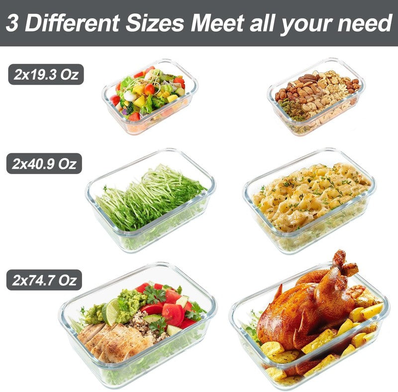 6 Pack Extra Large Glass Food Storage Containers Airtight Lids Set4