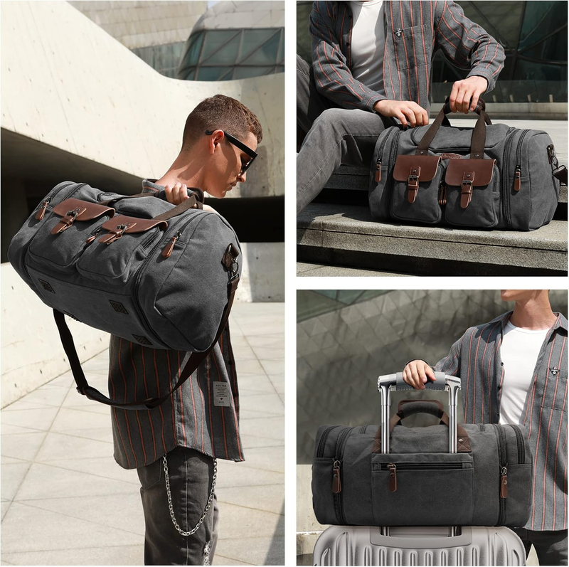 50L Canvas Leather Duffel Bag Expandable Overnight Weekender Travel Bag2
