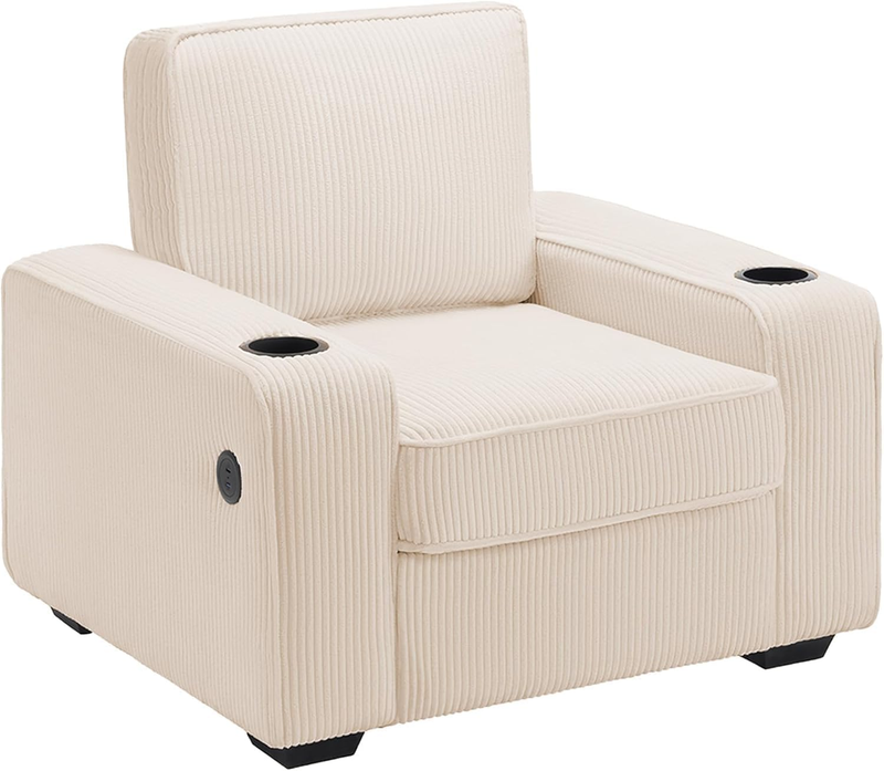 Corduroy Sofa Chair Accent Chair Cup Holders USB Ports Upholstered Beige6