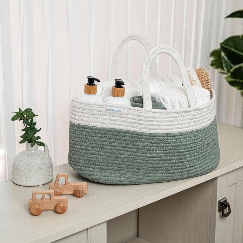 Rope Diaper Caddy Organizer Large 3 Compartment Baby Basket Sage3