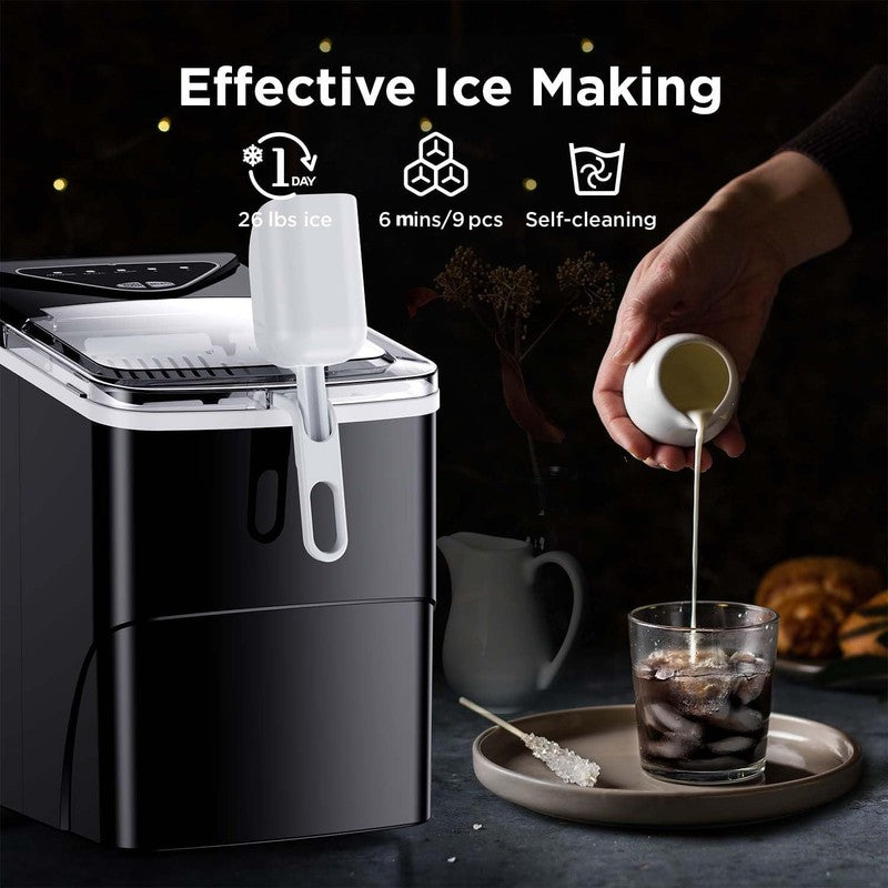 Countertop Ice Maker, 9 Cubes in 6 Mins, Self-Cleaning, 2 Sizes, 26Lbs/Day1