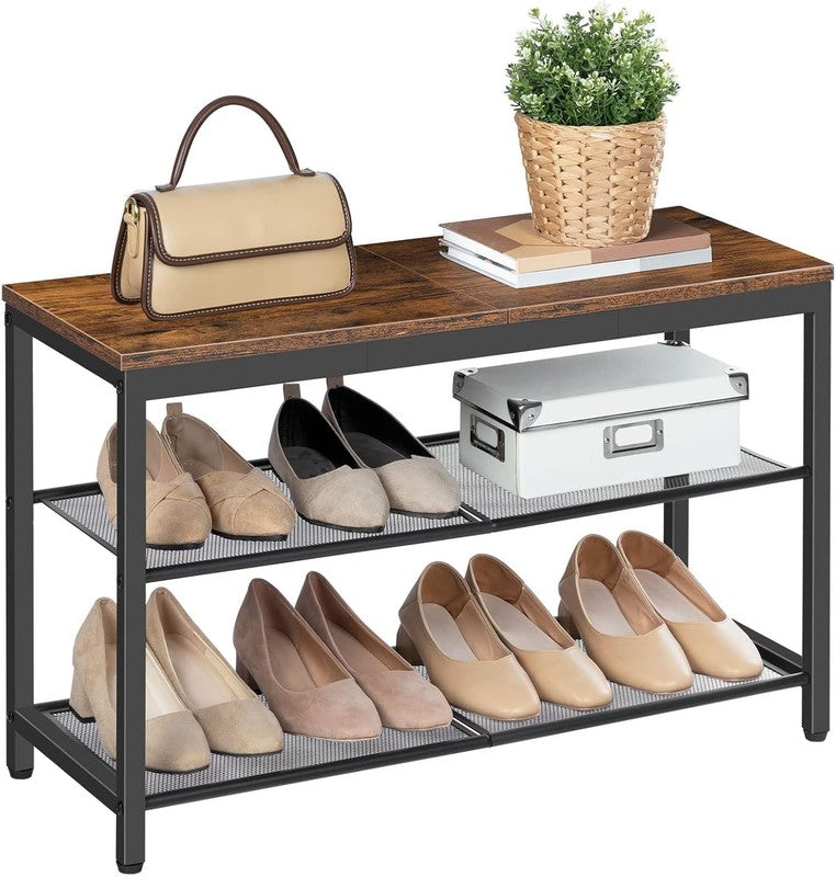 Shoe Bench 3 Tier Rack Industrial Organizer Rustic Brown Entryway8