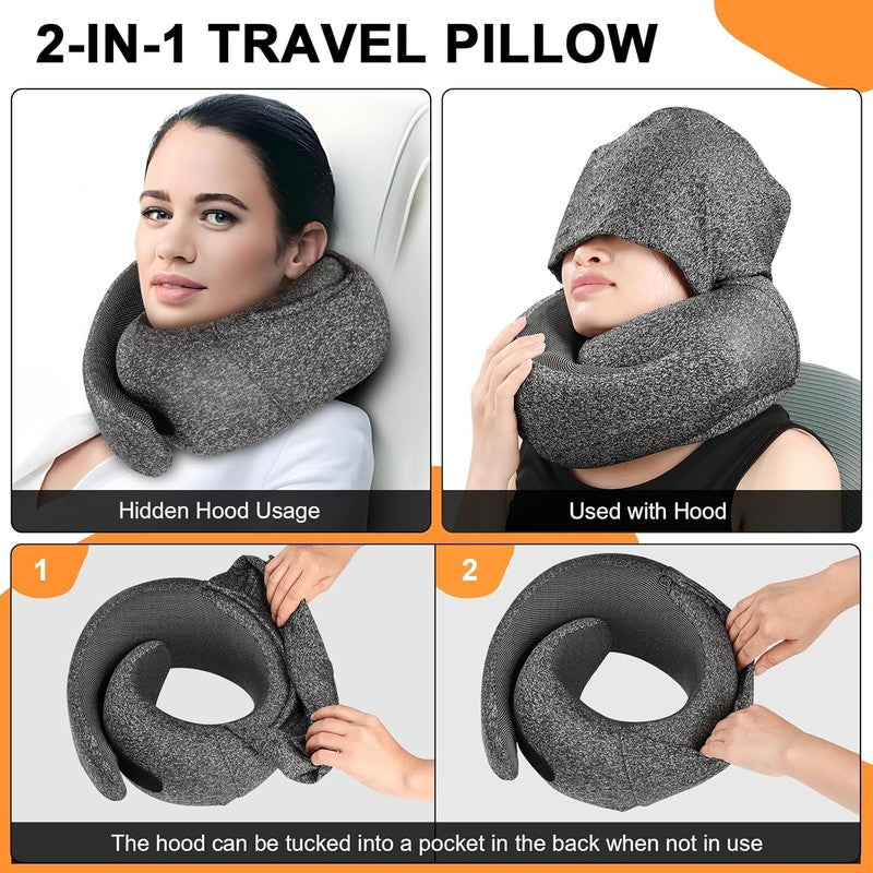 Hooded Memory Foam Travel Neck Pillow w/ Eye Mask & Earplugs, Dark Gray1