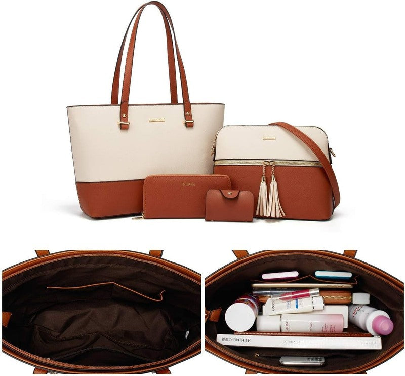 Women Fashion Synthetic Leather Handbag Set 4PCS Tote Shoulder Satchel Purse4