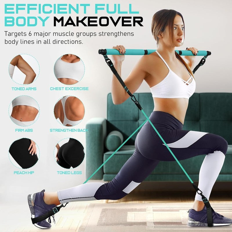 Pilates Bar Kit w/ Resistance Bands Adjustable Metal Buckle Full Body Blue4
