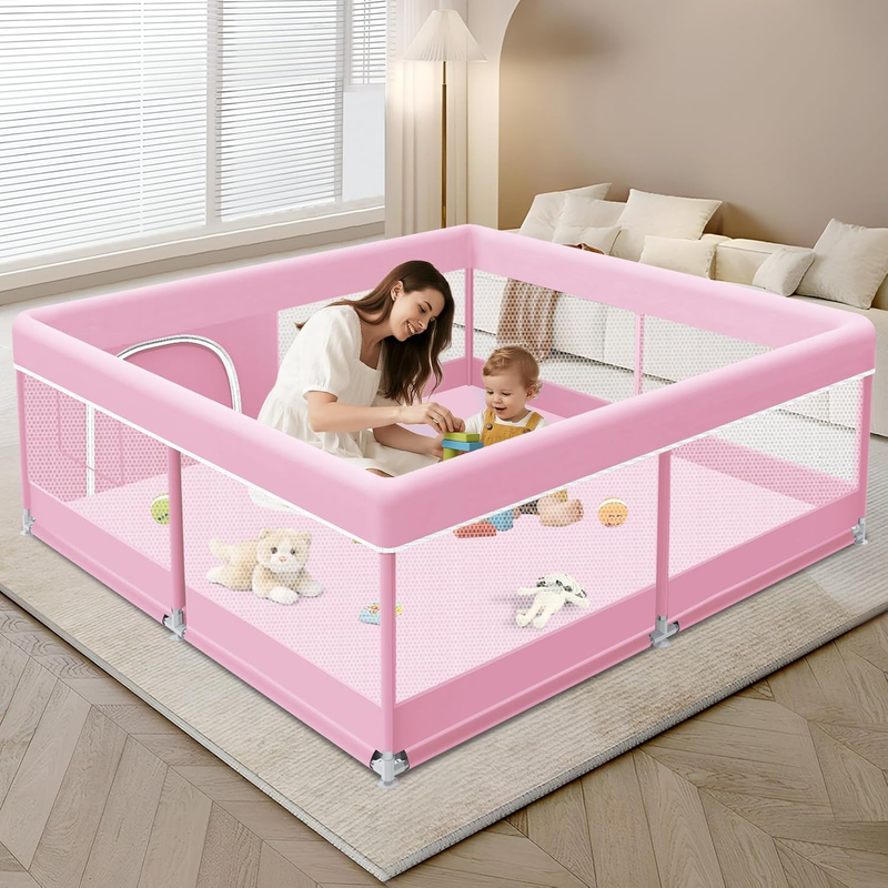 Pink Baby Playpen 50x50 Inch - Indoor/Outdoor Soft Mesh Play Yard for Toddlers10