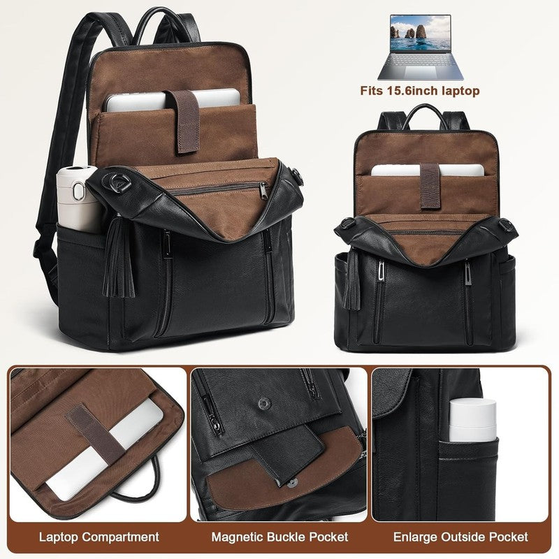 Women Laptop Backpack 15.6" Leather Travel Work Water Resistant Black5