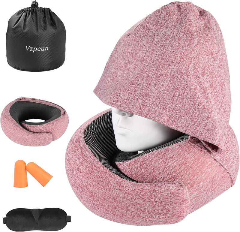 Hooded Memory Foam Travel Neck Pillow w/ Eye Mask & Earplugs – Red6