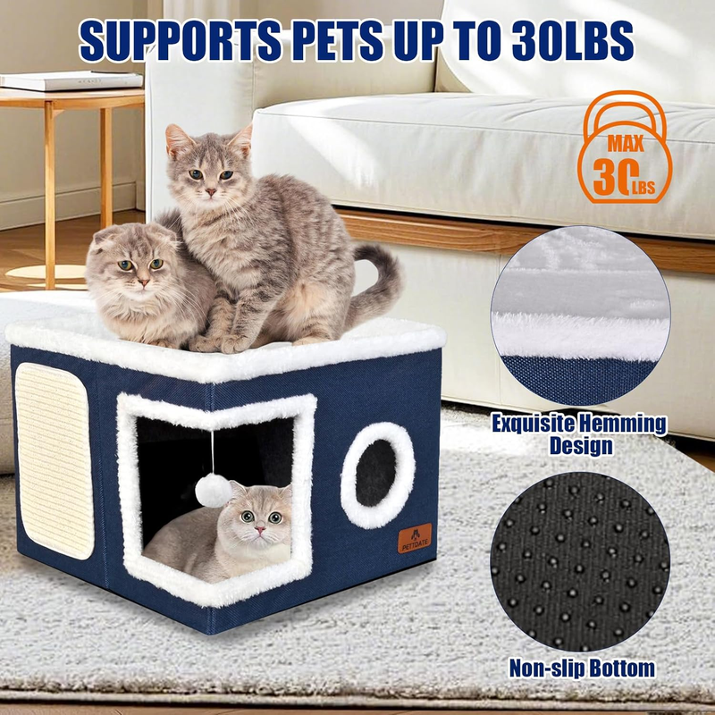 Cat Beds for Indoor Cats, Large Cat Cave Bed with Scratch Pad and Fluffy Ball, F2