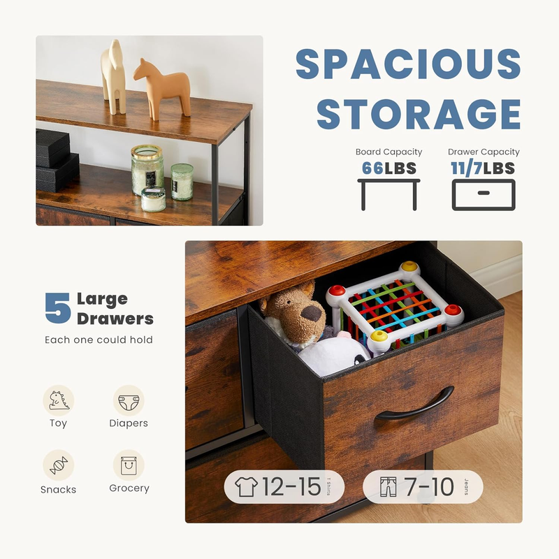 Rust TV Stand Dresser 5 Fabric Drawers Media Console 45" TV Compact Storage Unit3