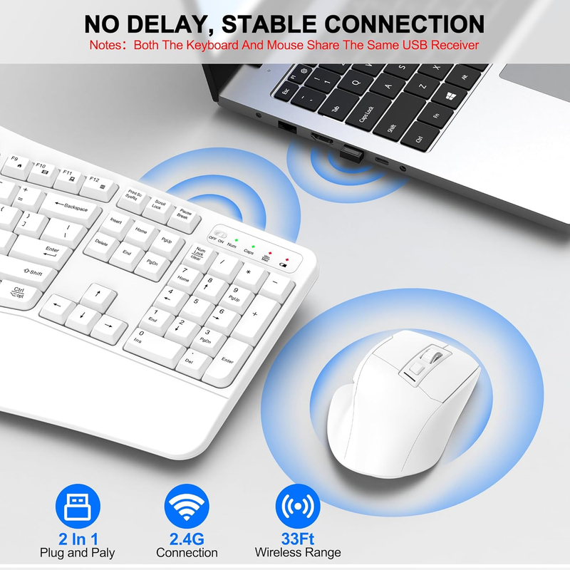 Wireless Keyboard and Mouse Combo, 2.4G Full Size Wave Keys Ergonomic Keyboard w4