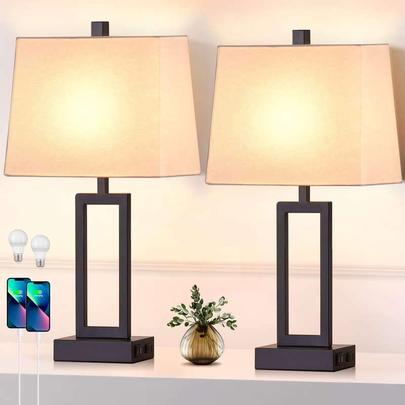 Set of 2 3 Way Dimmable Touch Table Lamps USB Ports AC Outlet Modern Nightstand 11