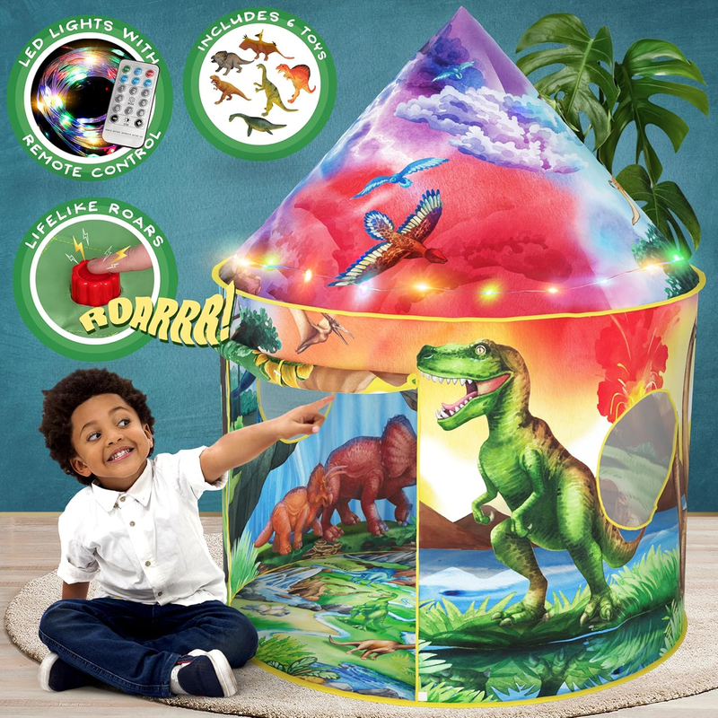 Dinosaur Discovery Kids Tent with Roar Button, Dinosaur Toys and LED Lights - Ep10