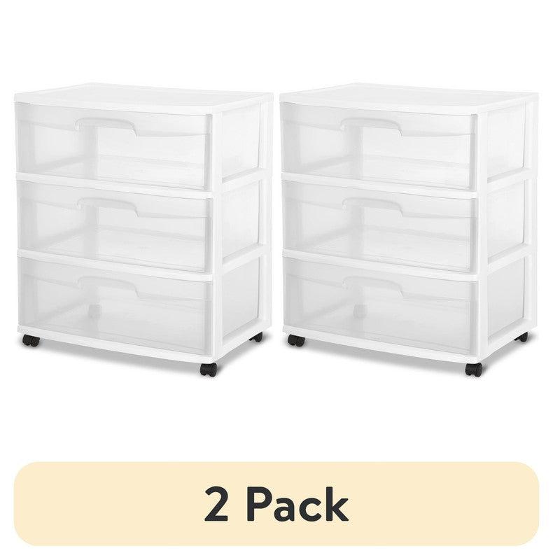 (2 Pack) Wide 3 Drawer Cart, Clear Plastic Storage Drawers, Wheels Included11