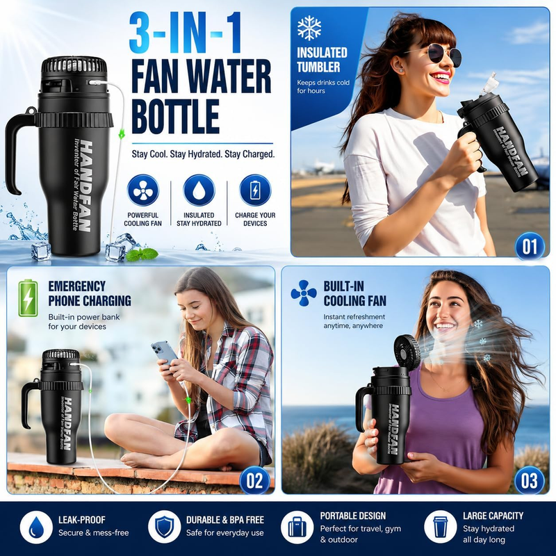 40oz Stainless Steel Tumbler with Handle & USB Fan 5000mAh Insulated Leak  Cup2