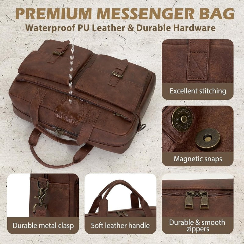 Mens Messenger Bag 16in Leather Laptop Briefcase Vintage Shoulder Satchel Brown4