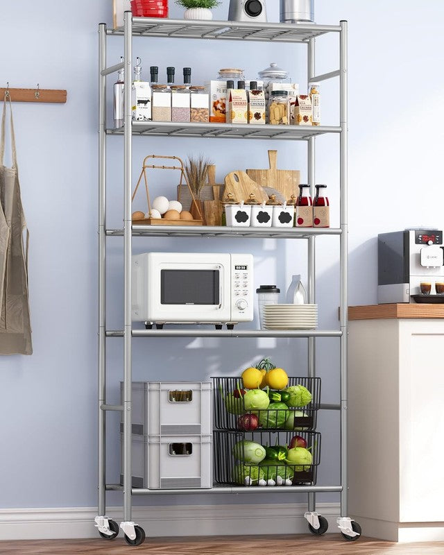 5 Tier Metal Storage Shelves w Wheels Heavy Duty Adjustable Silver1