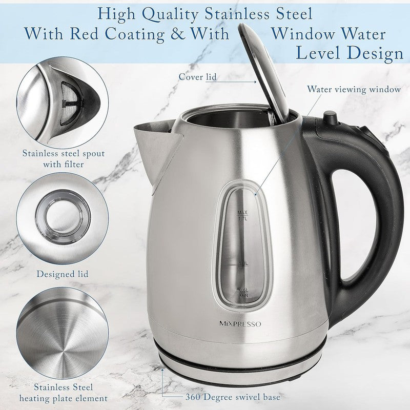 Electric Kettle 1.7L 1500W Stainless Steel Cordless Fast Boil Auto Shut Off1