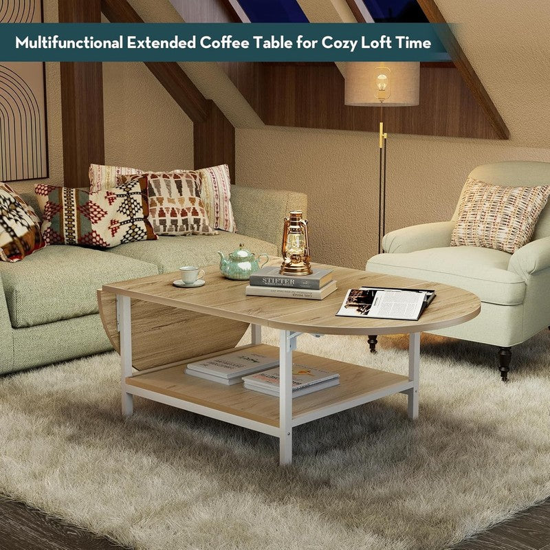 2 Tier Foldable Coffee Table, White & Oak, Modern Living Room Table3