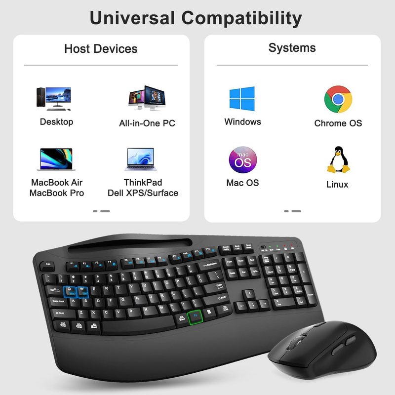 Full Size Wireless Keyboard Mouse Combo for Windows Mac PC Black7