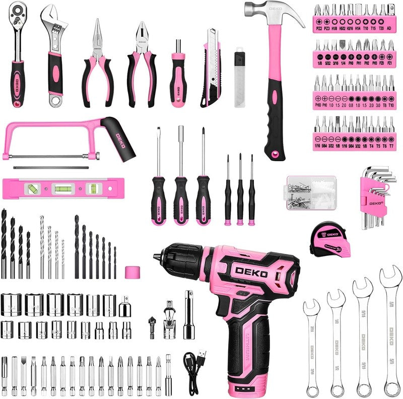 12V Cordless Drill Tool Kit Pink Home Repair Toolbox Combo w Organizer Case2