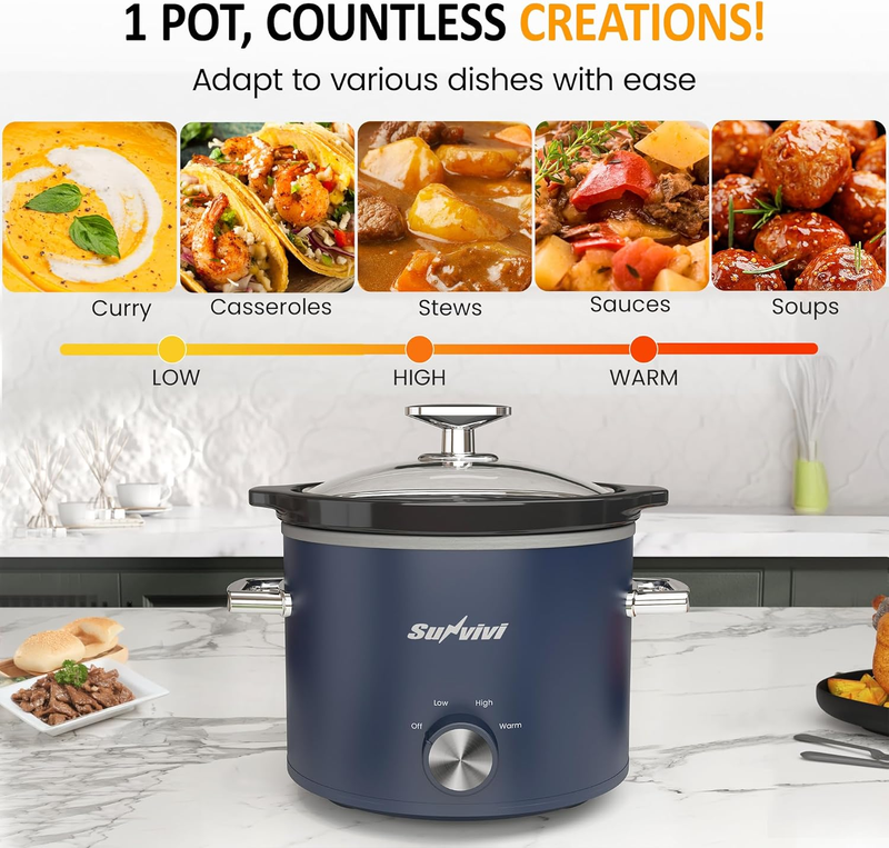 2Qt Slow Cooker Small Removable Ceramic 3-Setting Blue Food Warmer2