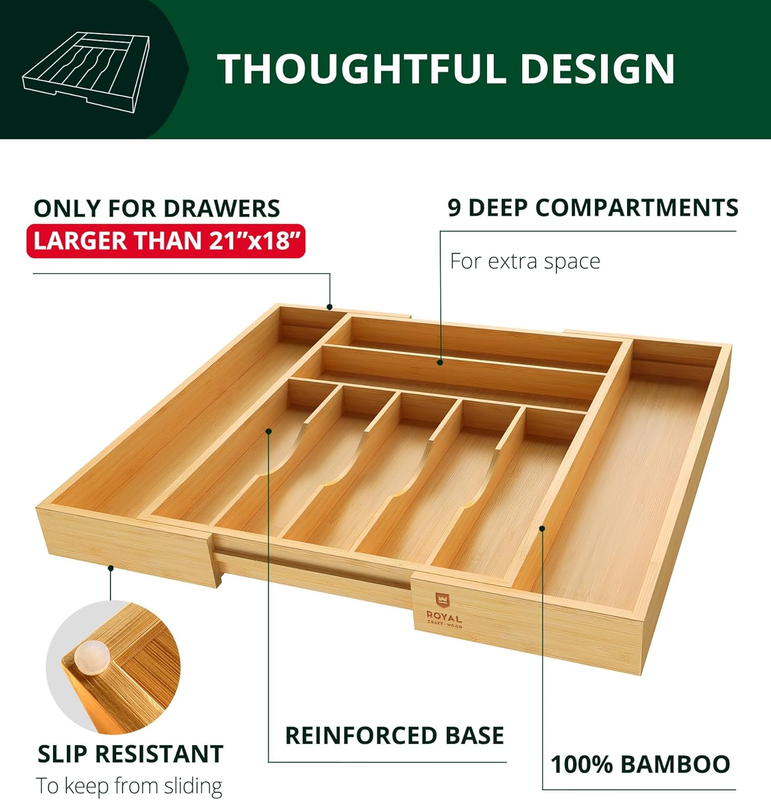 Bamboo Kitchen Drawer Organizer 9 Slot Silverware Cutlery Tray Natural4