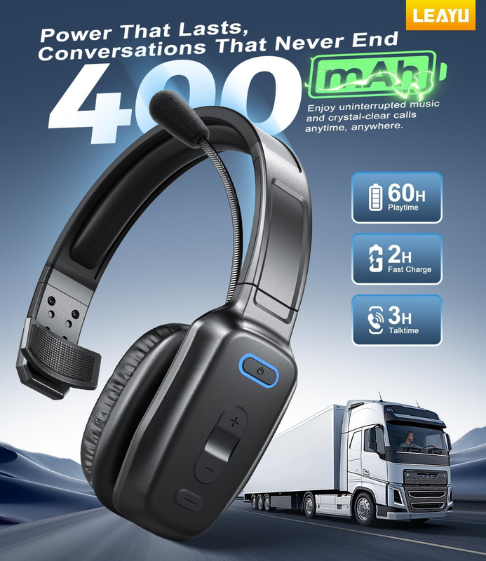 Bluetooth Headset V5.2 Noise Cancelling 60H Single Ear Wireless Mic2