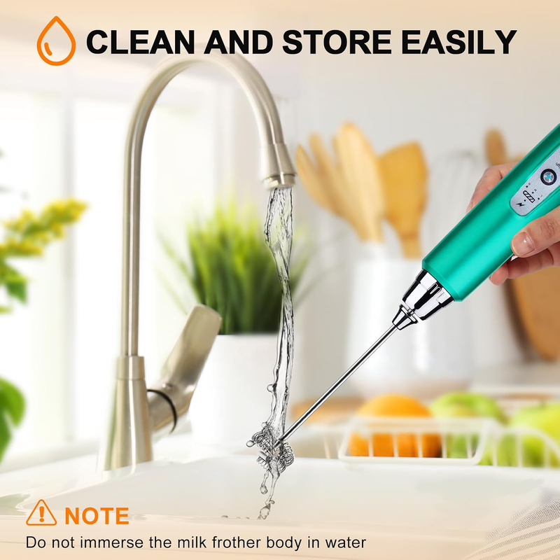 Milk Frother Handheld Rechargeable 3 Speed 3 Heads Coffee Whisk Turquoise6