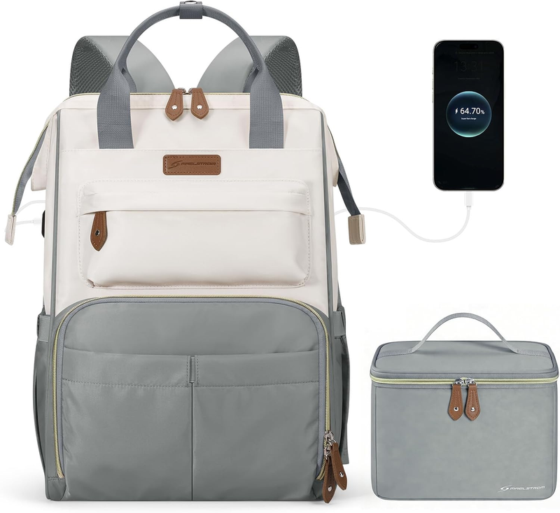 Travel Laptop Backpack 15.6 17.3" Nurse Work Bag w/ Lunch Box Gray Beige9