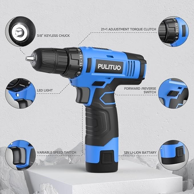 12V Cordless Drill Set 21+1 Torque LED 3/8" Keyless Chuck Battery & Charger Blue5
