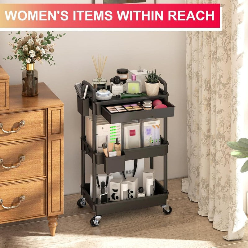 3-Tier Rolling Utility Cart with Drawer, Black Storage Cart with Wheels4